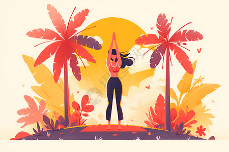 女性腿女子在棕榈树下练习瑜伽插画