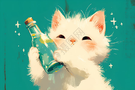 白色小猫举着瓶子高清图片