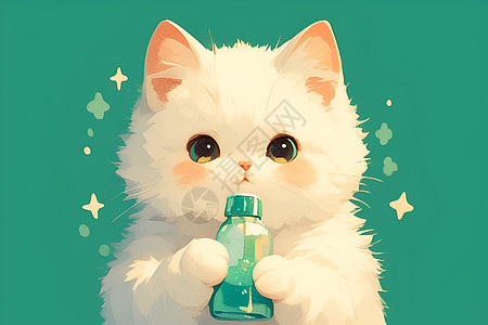 可爱的小猫拿瓶子图片