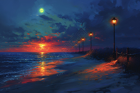 傍晚海滩上的夕阳余晖图片