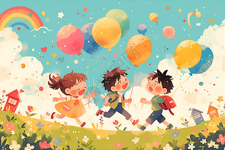 孩子草地拿着气球的快乐孩童插画