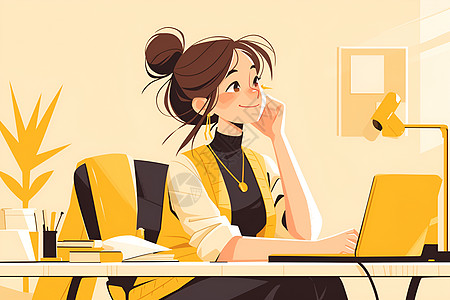 简洁办公桌女性在桌子前坐着使用笔记本电脑插画