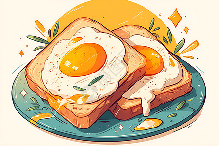 早餐馆早餐吐司上的煎蛋插画
