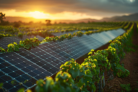 夕阳下的葡萄园太阳能板图片