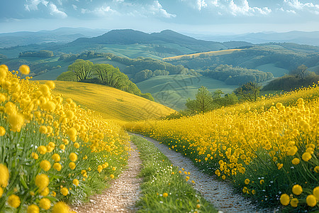 风景乡村金黄油菜花绵延起伏背景