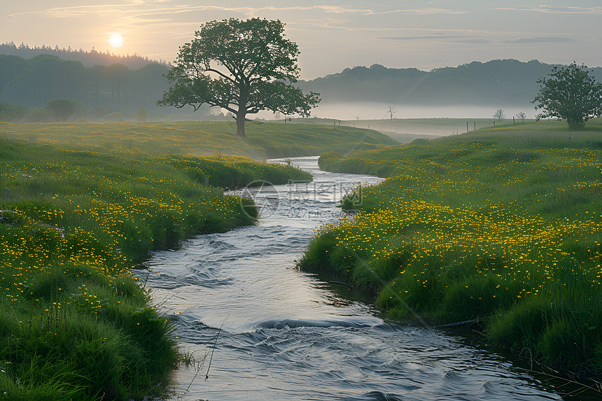 清晨宁静的乡间小河图片