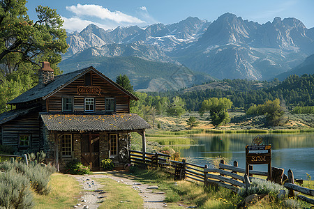 湖畔的山间小屋图片