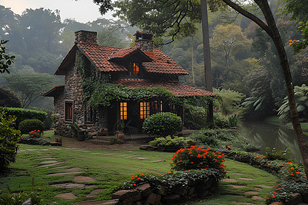 宁静花园里的小屋背景图片