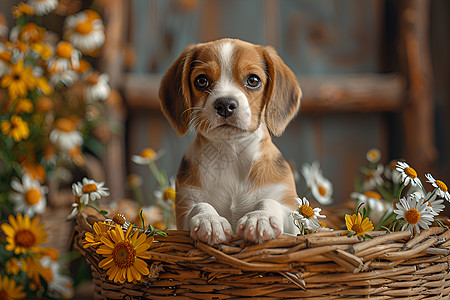 鲜花篮里的小猎犬图片