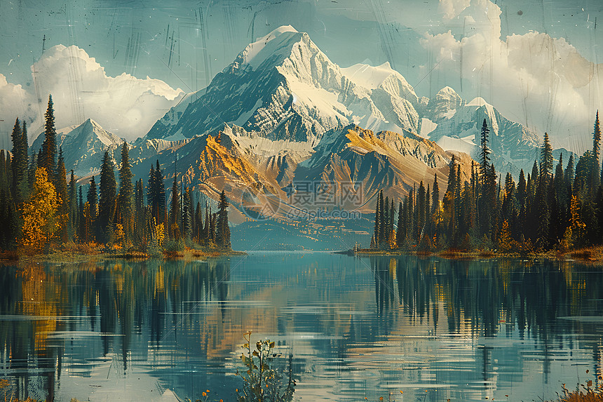 湖泊环绕的山脉图片