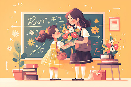 女孩把花献给老师背景图片