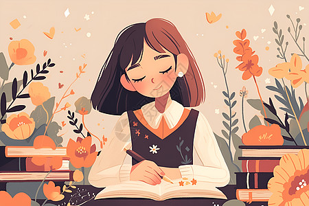 语文高考阅读女孩身后的花朵插画