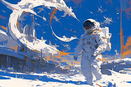 宇航员在冰冷荒芜的城市街道上图片