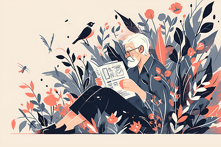 老爷爷在草地上阅读报纸图片
