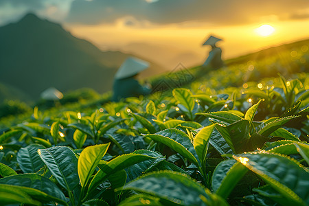 晨光中摘取茶叶的茶农图片