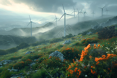 发电机组山丘上的风力发电机插画