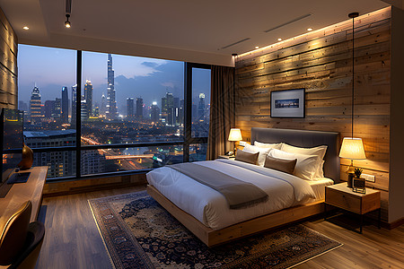 城市夜景下的宁静卧室背景图片