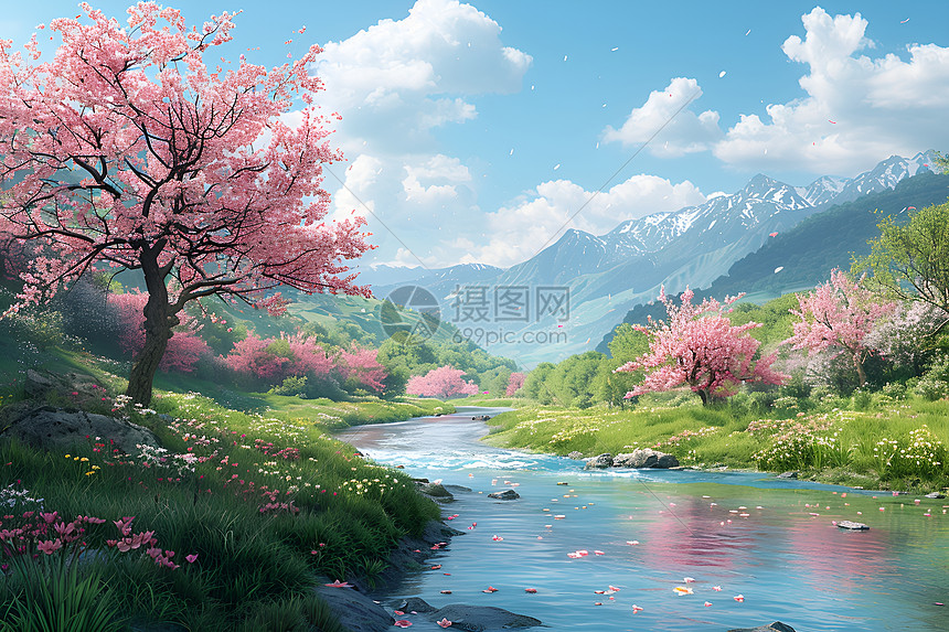 溪边开满了樱花图片