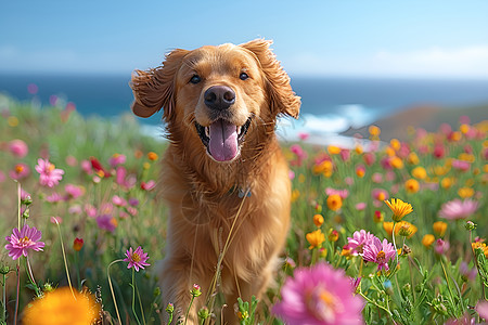 快乐金毛犬在广阔的草地上奔跑图片