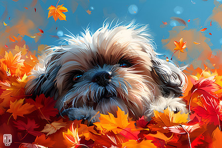 秋叶堆中的小狗图片