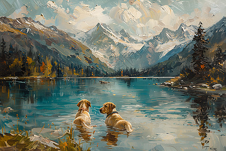 山脉背景下的湖泊和狗狗图片