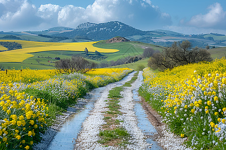 环岛公路春天明艳的油菜花插画