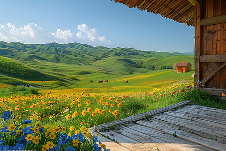 山丘草地春日乡村牧场背景