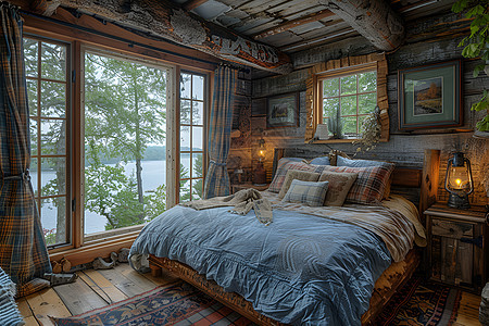 湖边木屋的卧室图片