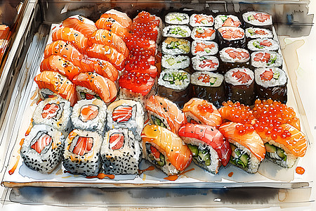 摆满各种寿司的自助餐桌图片