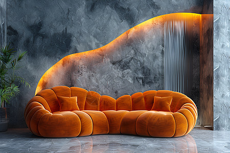 石墙下的橙色沙发图片