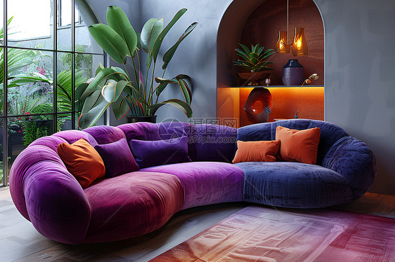 紫色沙发上的抱枕图片