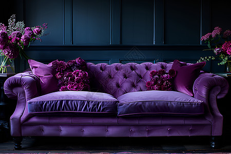 客厅里的紫色丝绒沙发图片