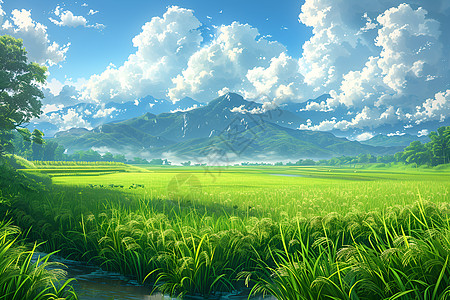 蓝天下的翠绿稻田图片