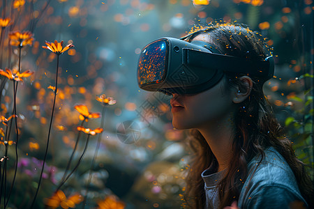 花园里戴着VR眼镜的女人图片