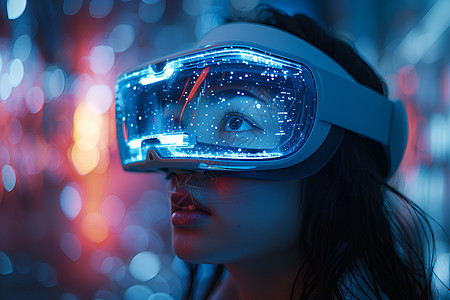 女人戴着蓝色VR眼镜（加人像）图片