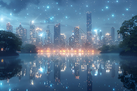 星空城市星空背景下的城市夜景插画