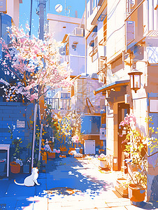 小巷中的花树图片