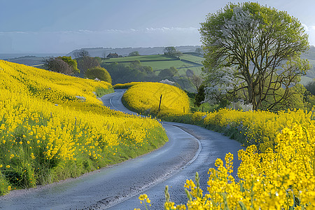 乡村小路绚丽油菜花小路背景