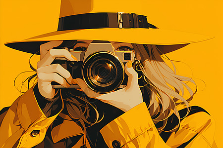 黄帽女孩拿着相机图片