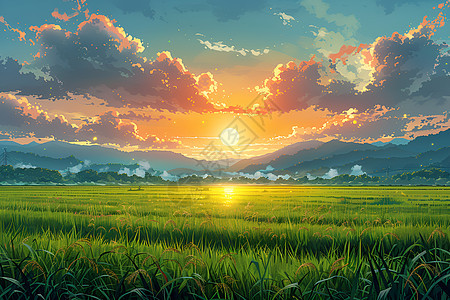 日出下的稻田图片