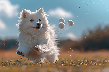 小狗在草地上玩球图片