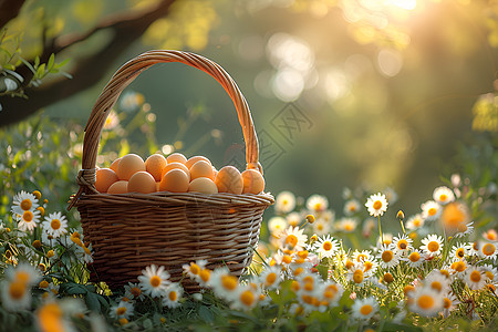 野花草地竹篮里的鸡蛋背景