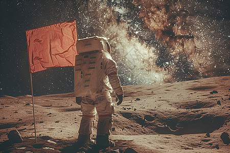 月球上的宇航员举着国旗图片