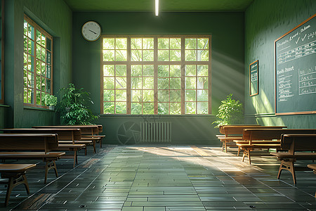 教室黑板下的木质桌椅背景图片