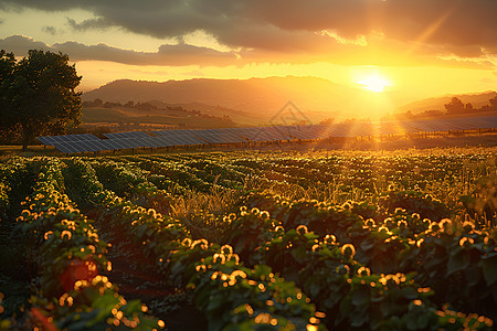 夕阳下的农田与光伏板图片