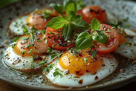 番茄煎蛋汤盘子里的煎鸡蛋背景