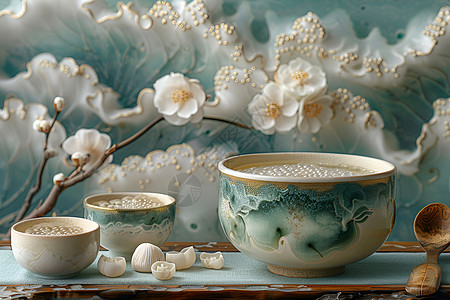 白色小花和茶具图片