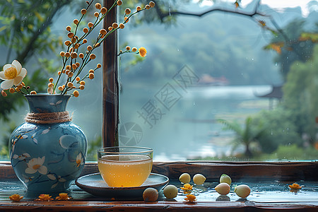 茶具素材水边和花瓶背景