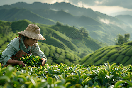 高山茶园勤劳的采茶人背景