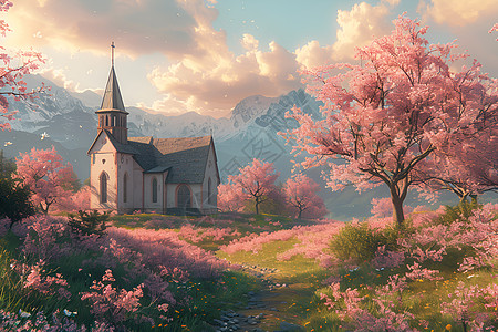 樱花丛中教堂图片
